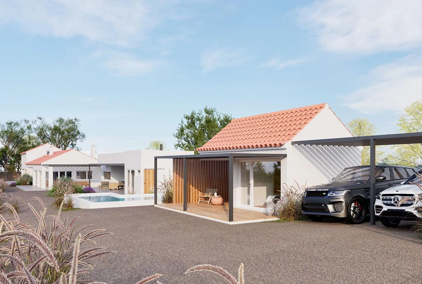 A modern residential house with a tiled roof, white walls, and a small covered patio area with outdoor furniture, a swimming pool, and several parked cars, including a black Range Rover.