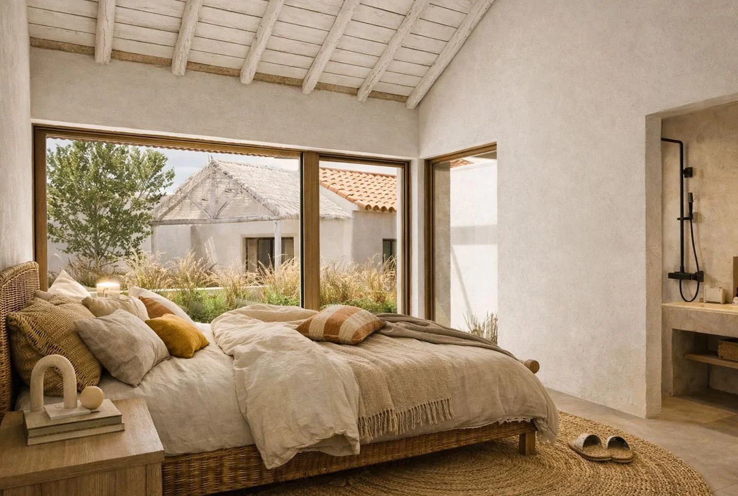A cozy bedroom with a large bed, neutral-colored bedding, and various pillows, beside a window with a view of outdoor houses and greenery, and a small desk or nightstand with decorative objects.