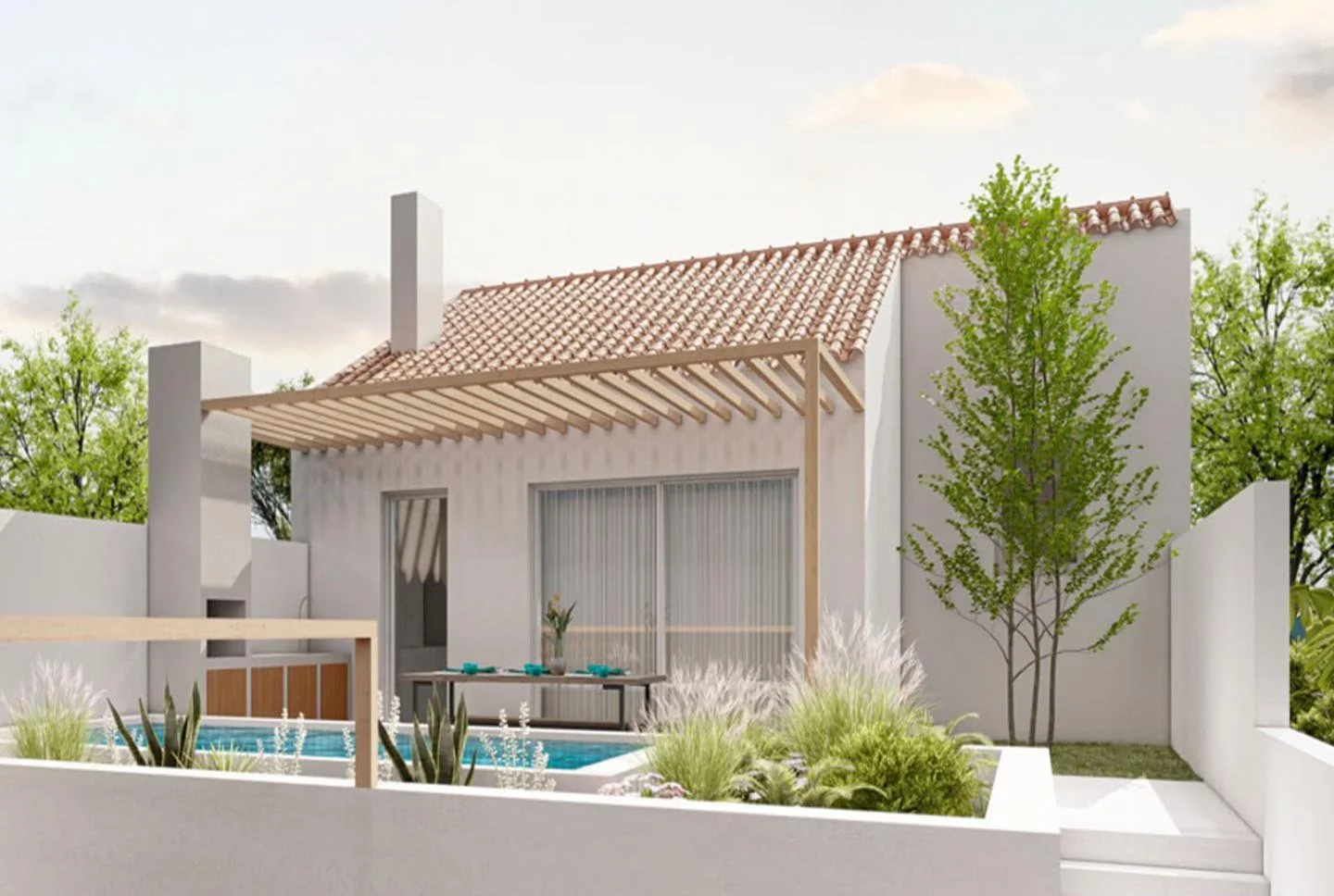 Modern house with a red tile roof, white walls, and an outdoor patio with a table, pool, and greenery.