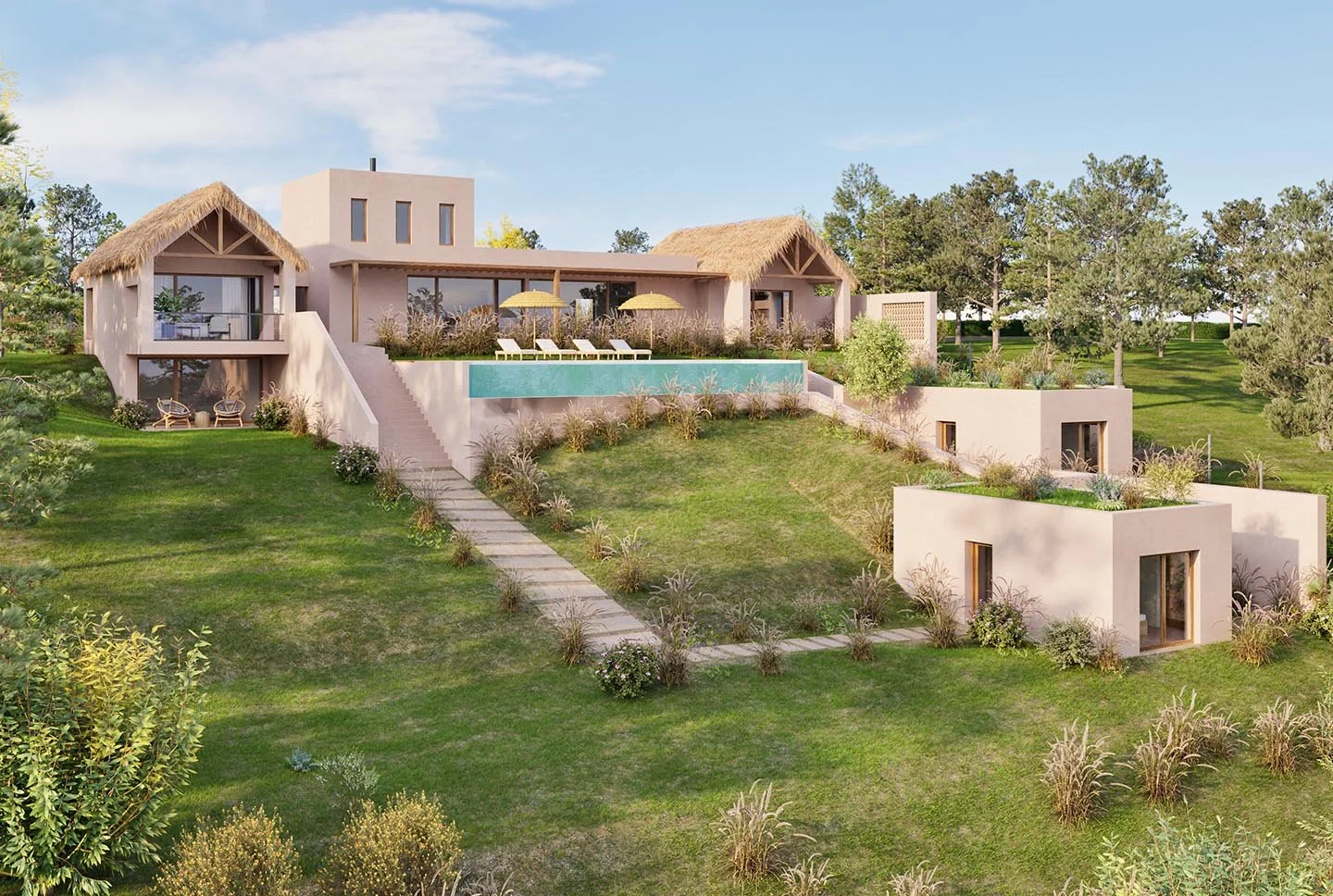 Modern hillside house with a swimming pool, outdoor lounge chairs, and lush greenery.