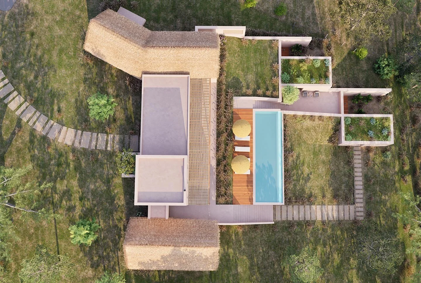 Aerial view of a modern backyard with a swimming pool, surrounded by a patio with lounge chairs and umbrellas, landscaped gardens, and pathways connecting different outdoor areas.