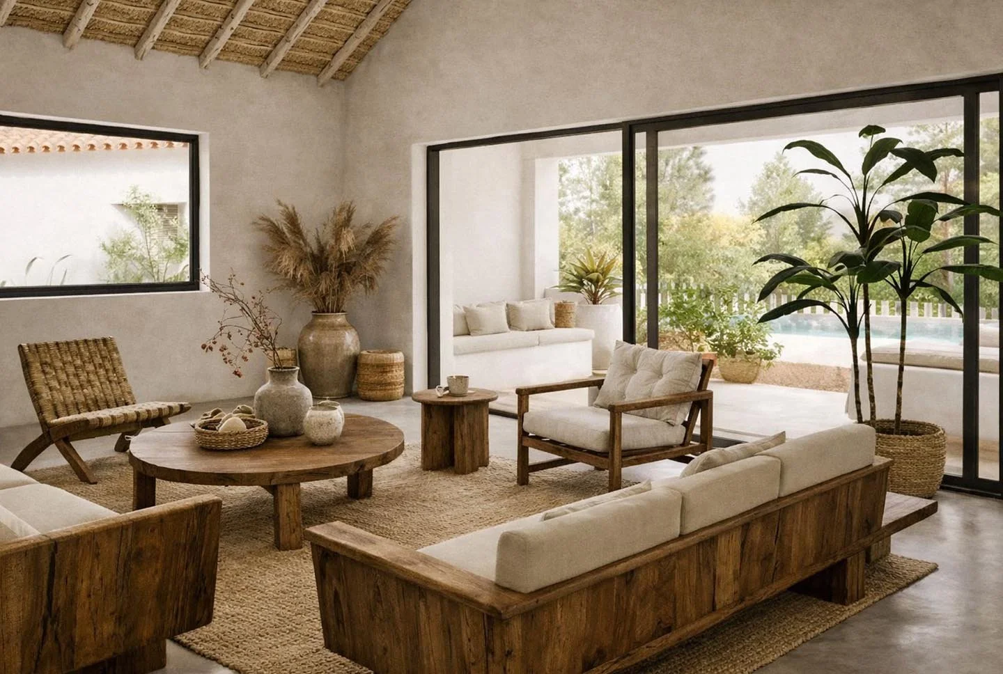 Living room with neutral tones, large sliding glass doors leading outdoor with pool, wooden furniture including sofa and chairs, decorative vases and plants, woven rug, natural light.
