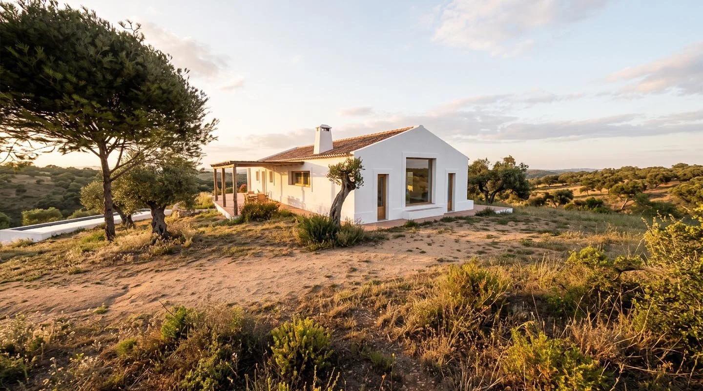A white house with a pitched roof and chimney, surrounded by desert vegetation and trees, under a cloudy sky at sunset.