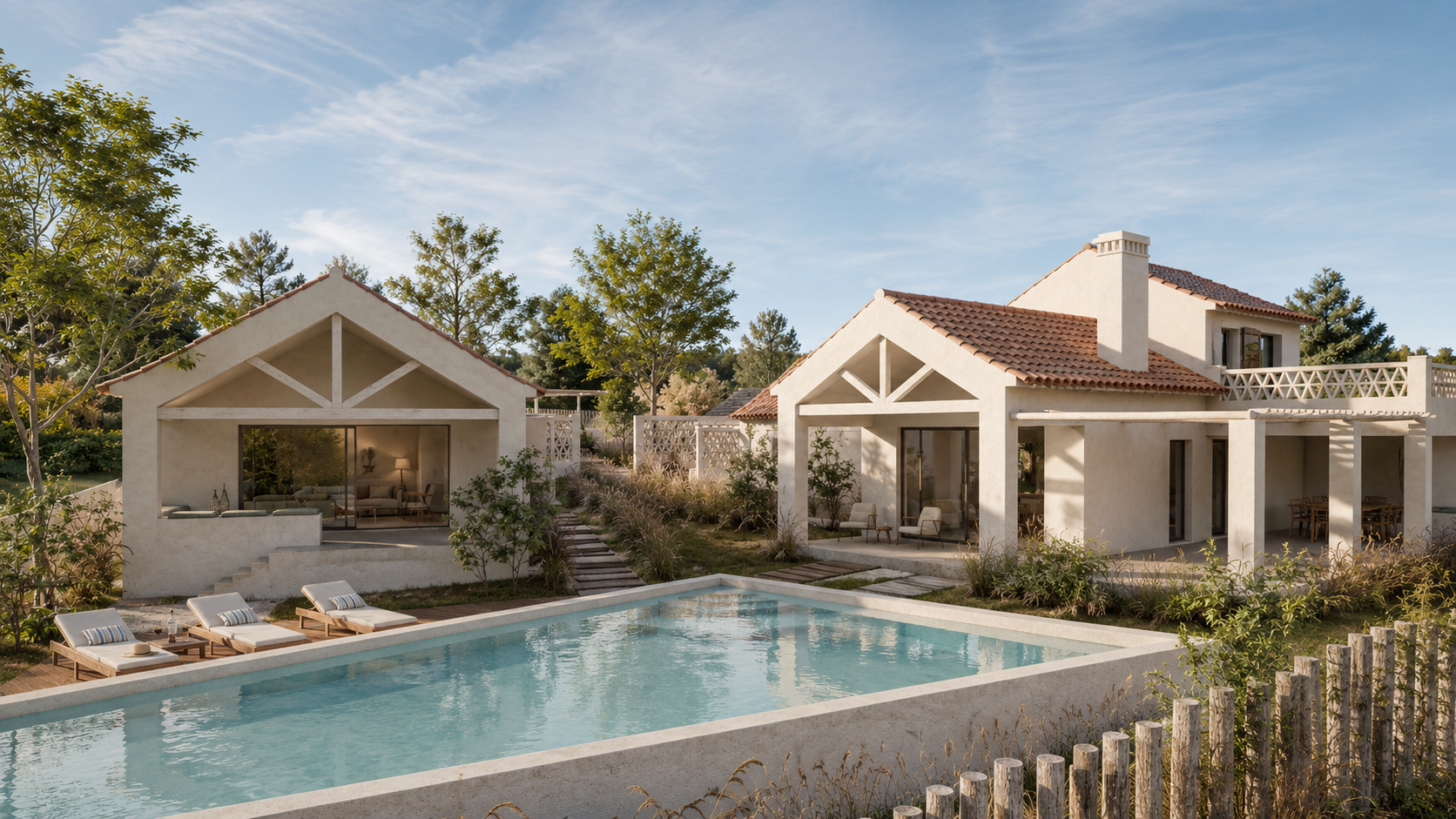 Two modern houses with white exteriors, red tile roofs, and large glass windows, situated around a swimming pool with lounge chairs. The area is landscaped with trees, shrubs, and a wooden fence, under a partly cloudy sky.