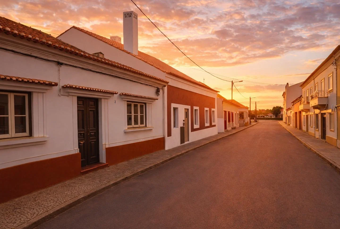 A quiet residential street during sunset, with white and pastel-colored houses, tiled roofs, and a paved sidewalk on both sides, bathed in warm golden light.