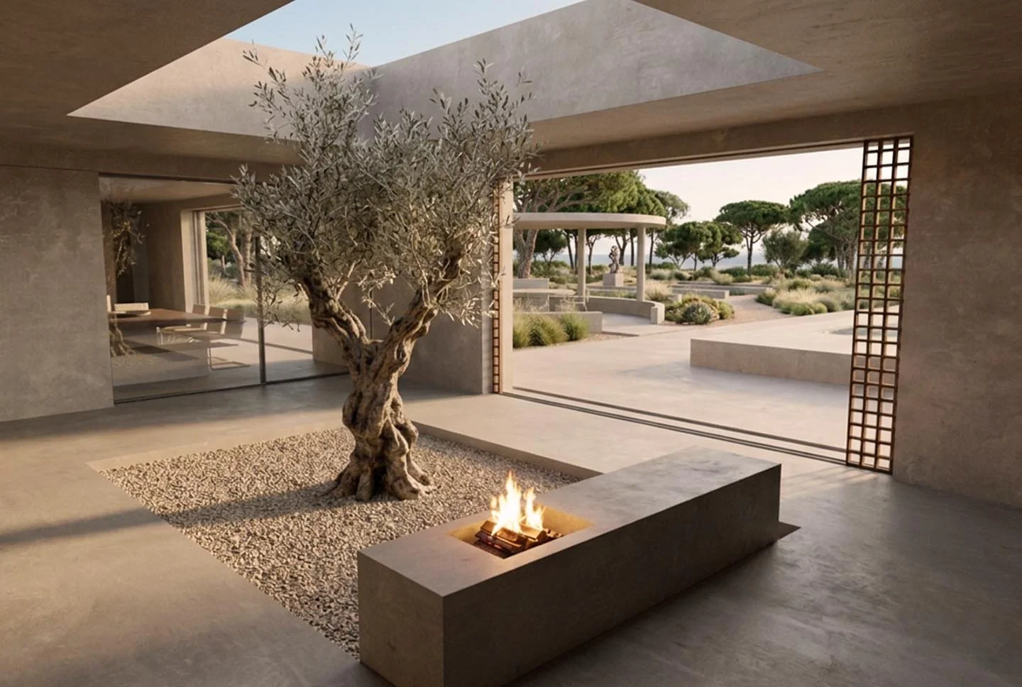 Modern interior with a large open doorway, nail-shaped tree in a gravel bed, and a small fire feature on a rectangular bench with a landscaped outdoor area beyond.