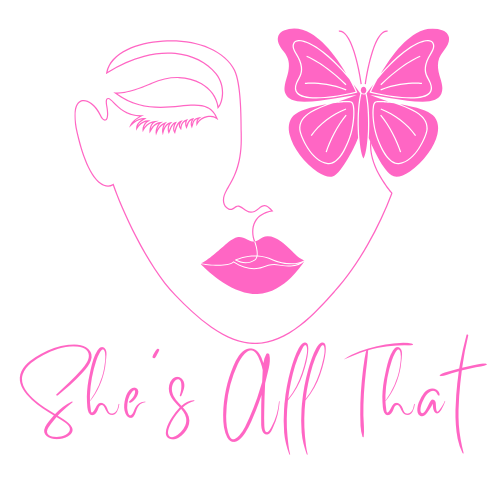 A neon pink line drawing of a woman's face with her eyes closed, lipstick, and a butterfly near her eye, with the text "She's All That" written below.