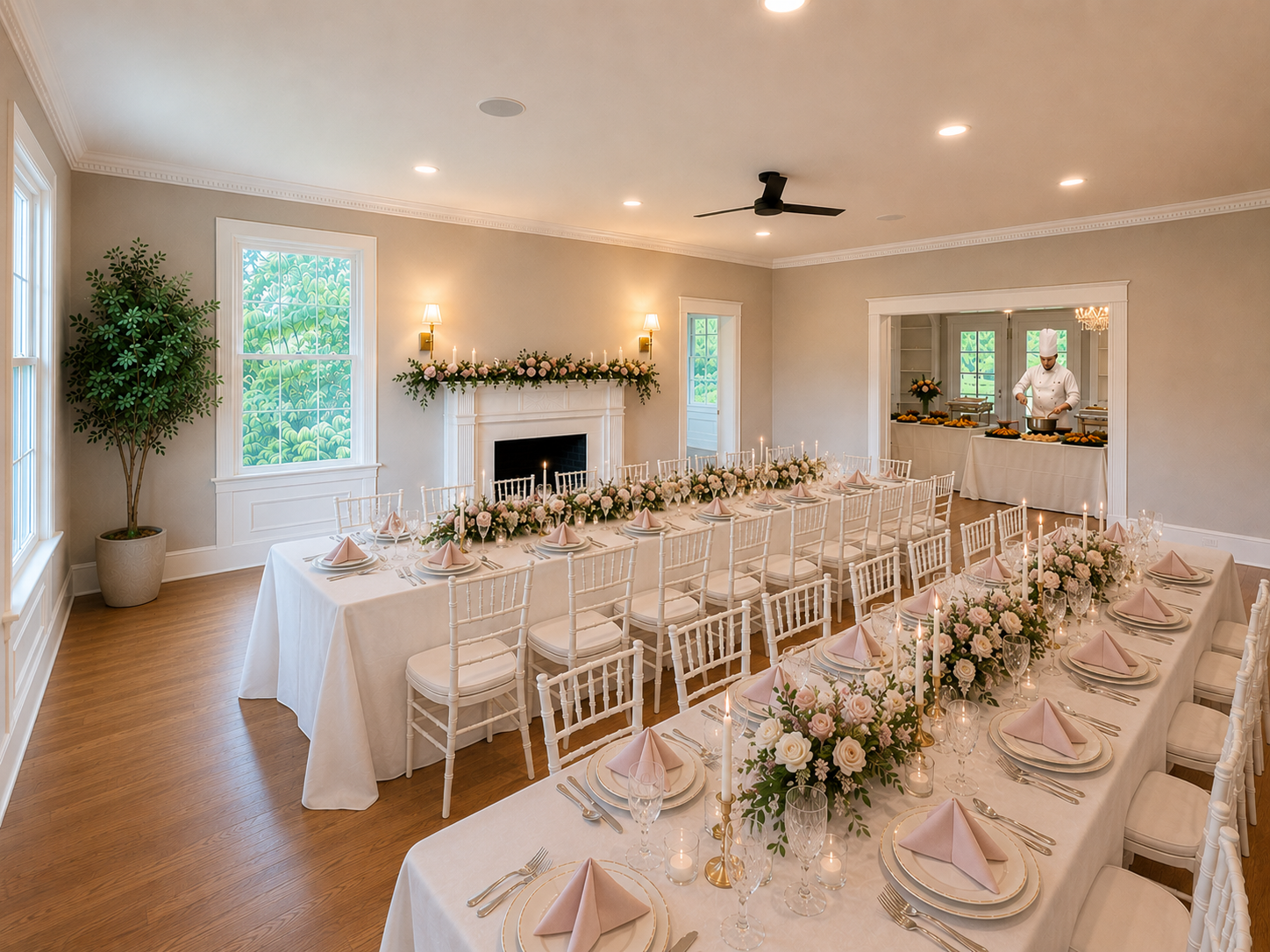 Elegant wedding reception room at the Ealy House Estate with long tables set for dinner, adorned with floral centerpieces, candles, and tableware. A chef is preparing food in a counter at the back of the room, and soft lighting enhances the decor.