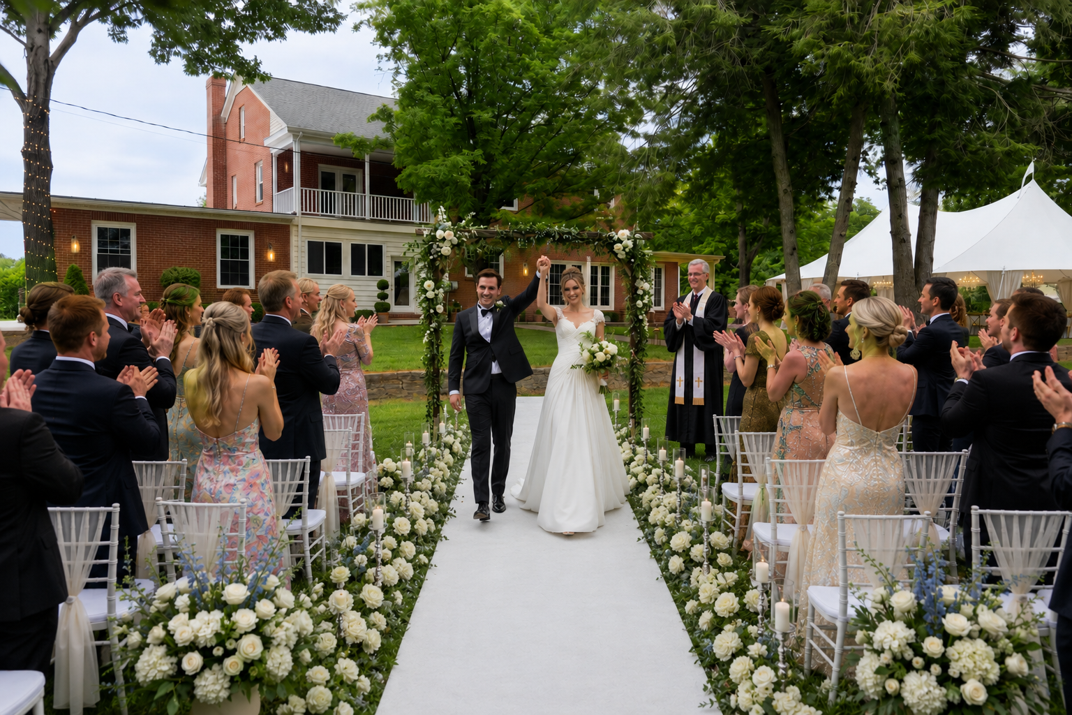 A newlywed couple at the Ealy House Estate walking down the aisle at an outdoor wedding ceremony, surrounded by clapping guests, under a decorated floral arch, with a large house and trees in the background.