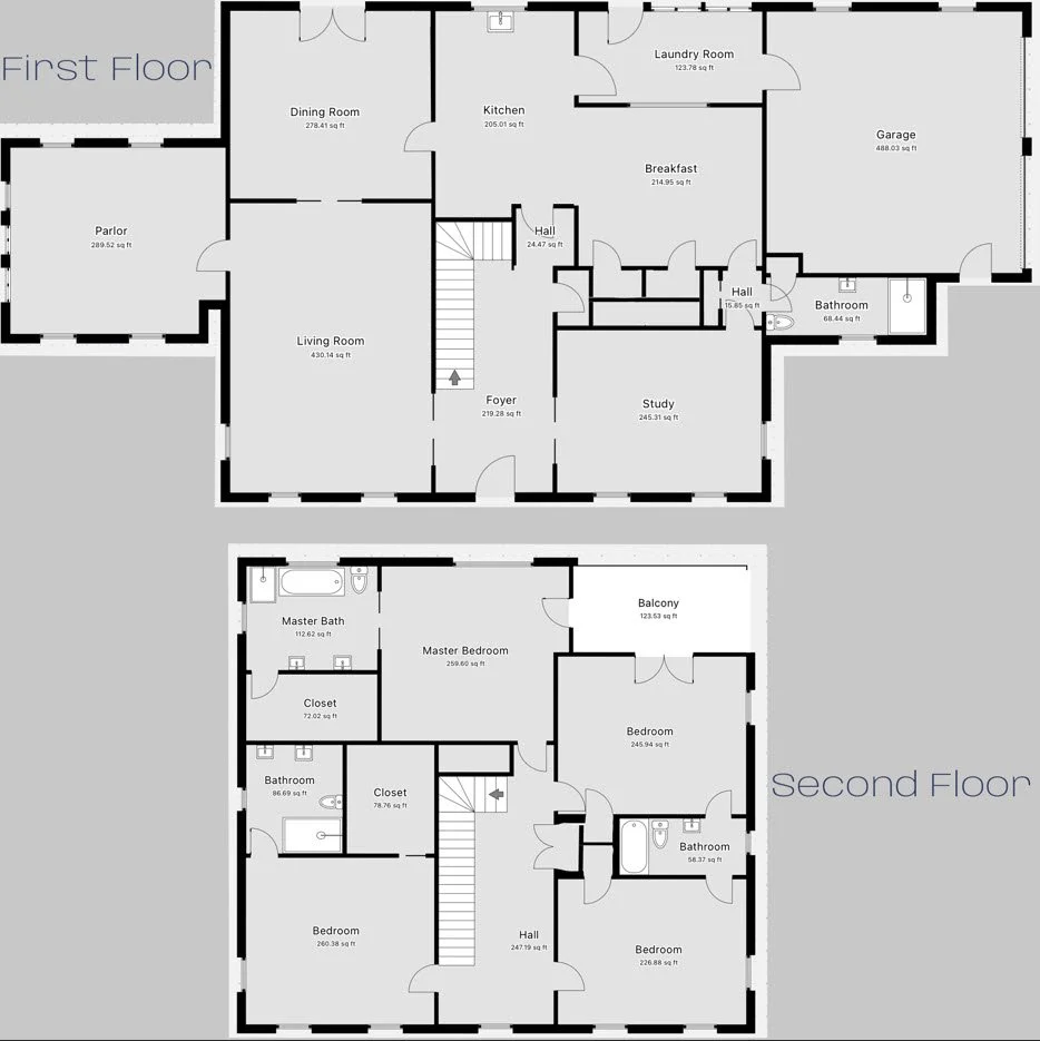 Floor plan of the two-story Ealy House Estate with rooms labeled including living areas, bedrooms, bathrooms, kitchen, dining, garage, laundry, study, and balconies.