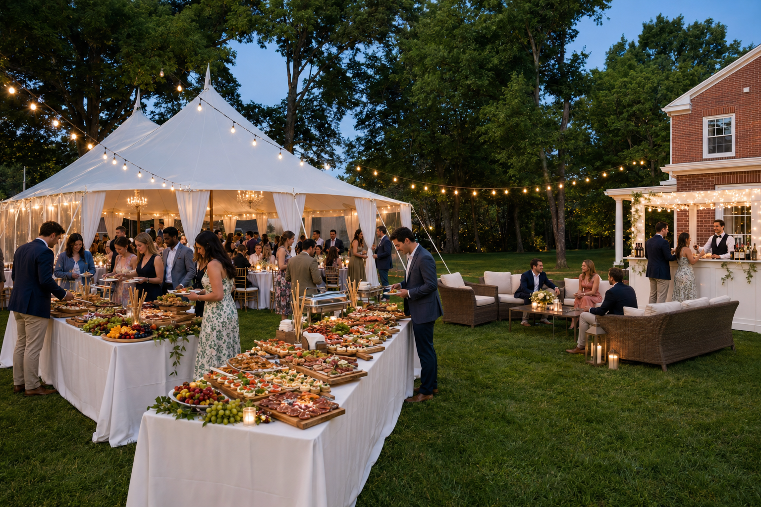 Outdoor wedding reception at the Ealy House Estate with a large white tent, string lights, and guests in formal attire enjoying food and drinks, with a bar area and seating on a grassy lawn surrounded by trees at dusk.