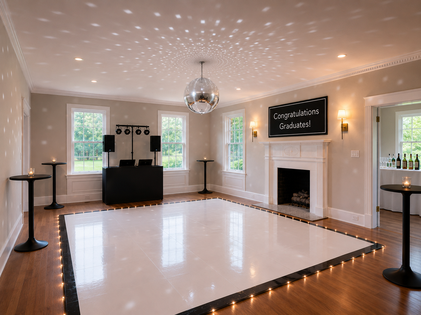 Ealy House Estate celebration room with a white dance floor, disco ball, a DJ station, and a sign reading "Congratulations Graduates!" on the fireplace mantel.