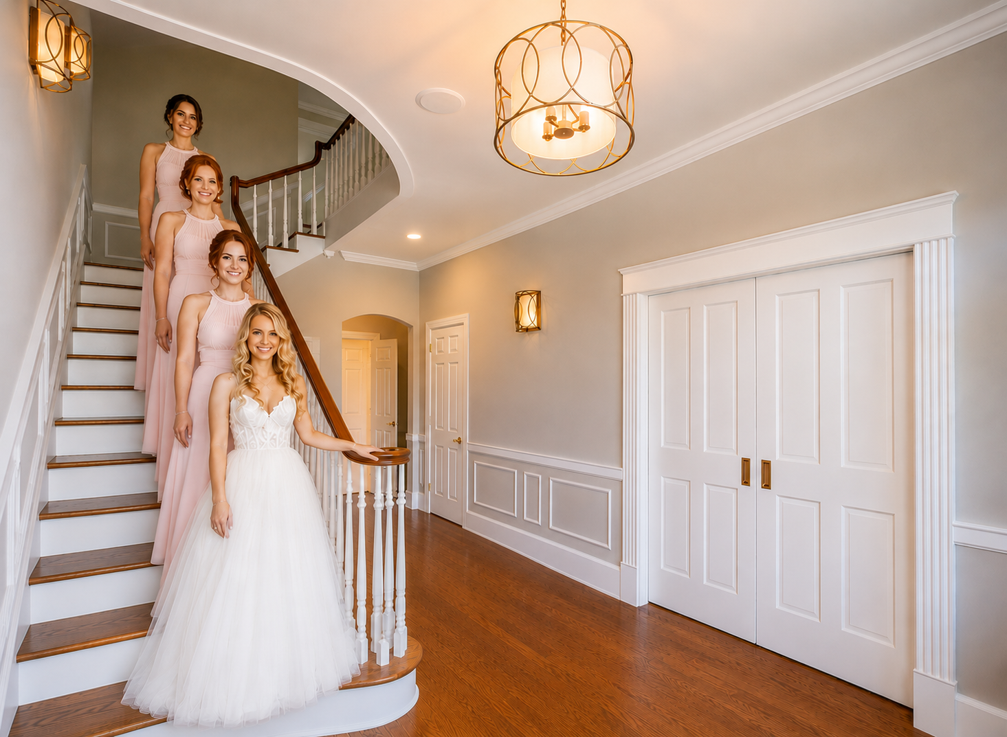 Four women on the staircase at the Ealy House Estate in wedding dresses standing.