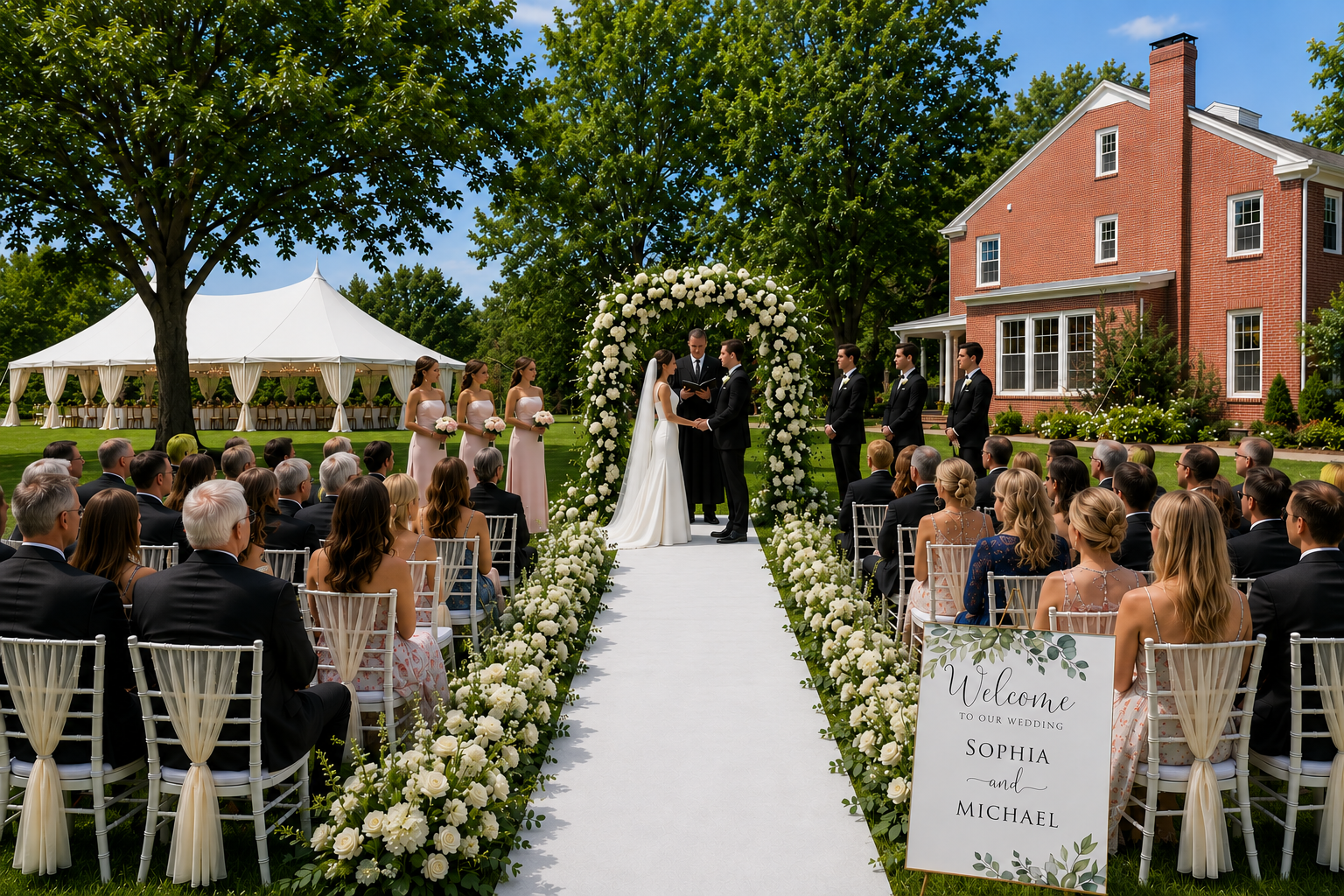 Outdoor wedding ceremony with a bride and groom exchanging vows under a white floral arch, surrounded by bridesmaids and groomsmen, with guests seated on either side of a decorated aisle in front of a red brick house and a large tent in the background.
