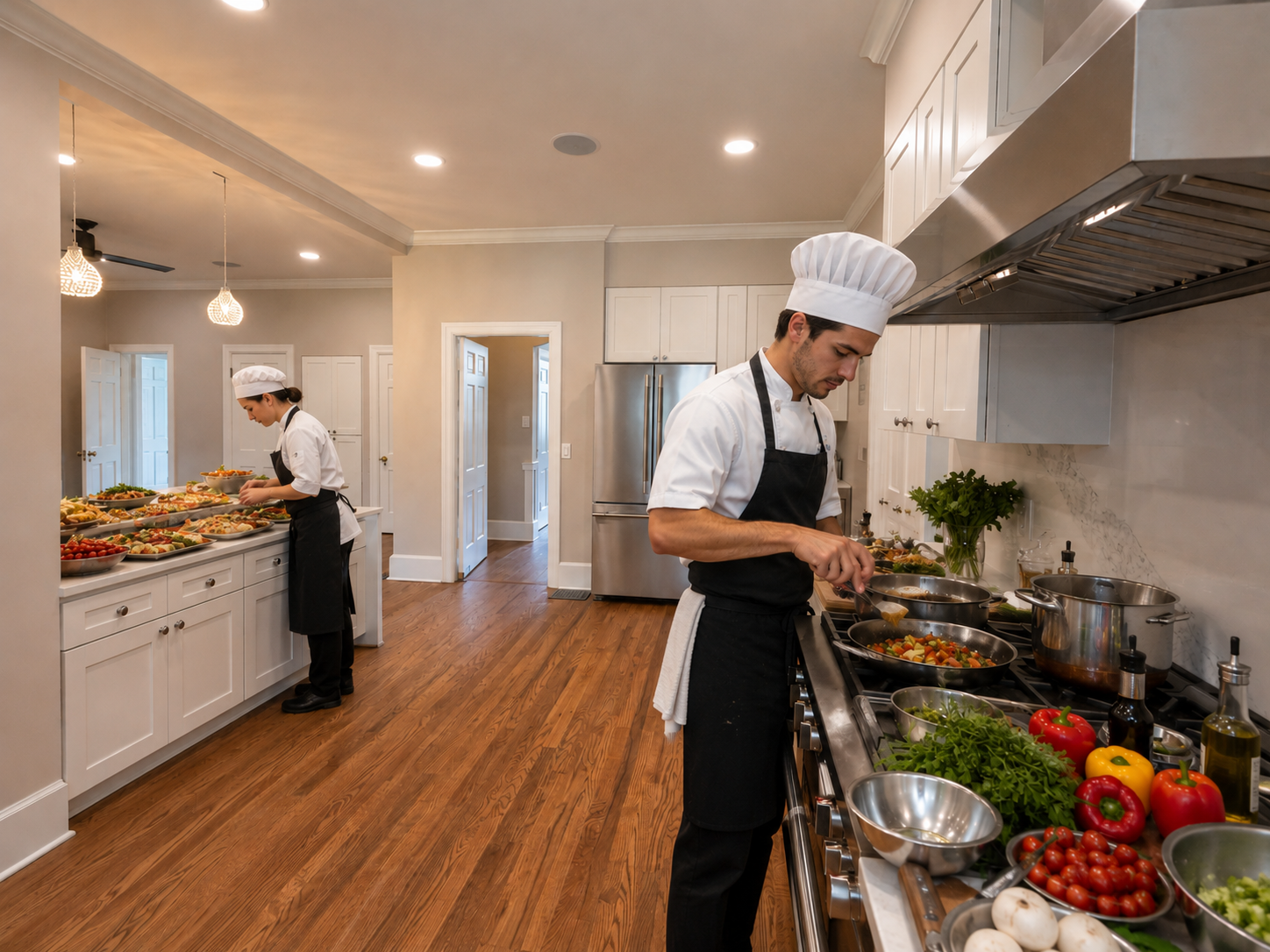 Two chefs in white hats and black aprons preparing food in the Ealy House Estate kitchen, surrounded by fresh vegetables and ingredients.