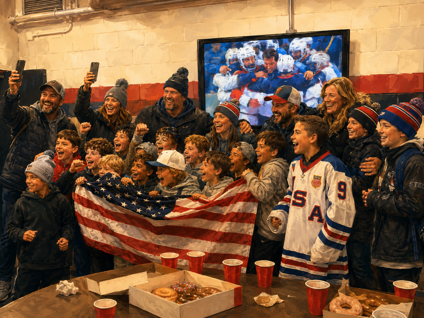 A group of children and adults celebrating together with an American flag and wearing hockey jerseys and winter clothing, with a TV screen displaying hockey players in the background and snacks on a table in the foreground.