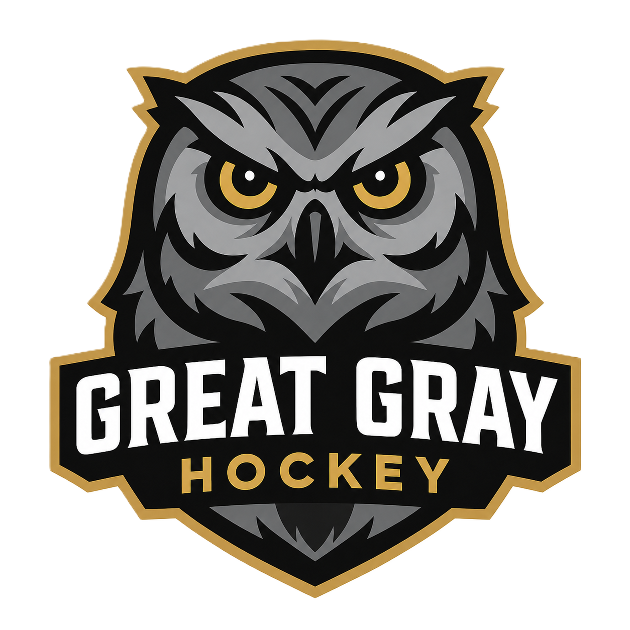 Logo for Great Gray Hockey featuring a stylized gray owl's face with intense yellow eyes, black and gray feathers, and the words 'GREAT GRAY' in bold white letters above 'HOCKEY' in gold letters.