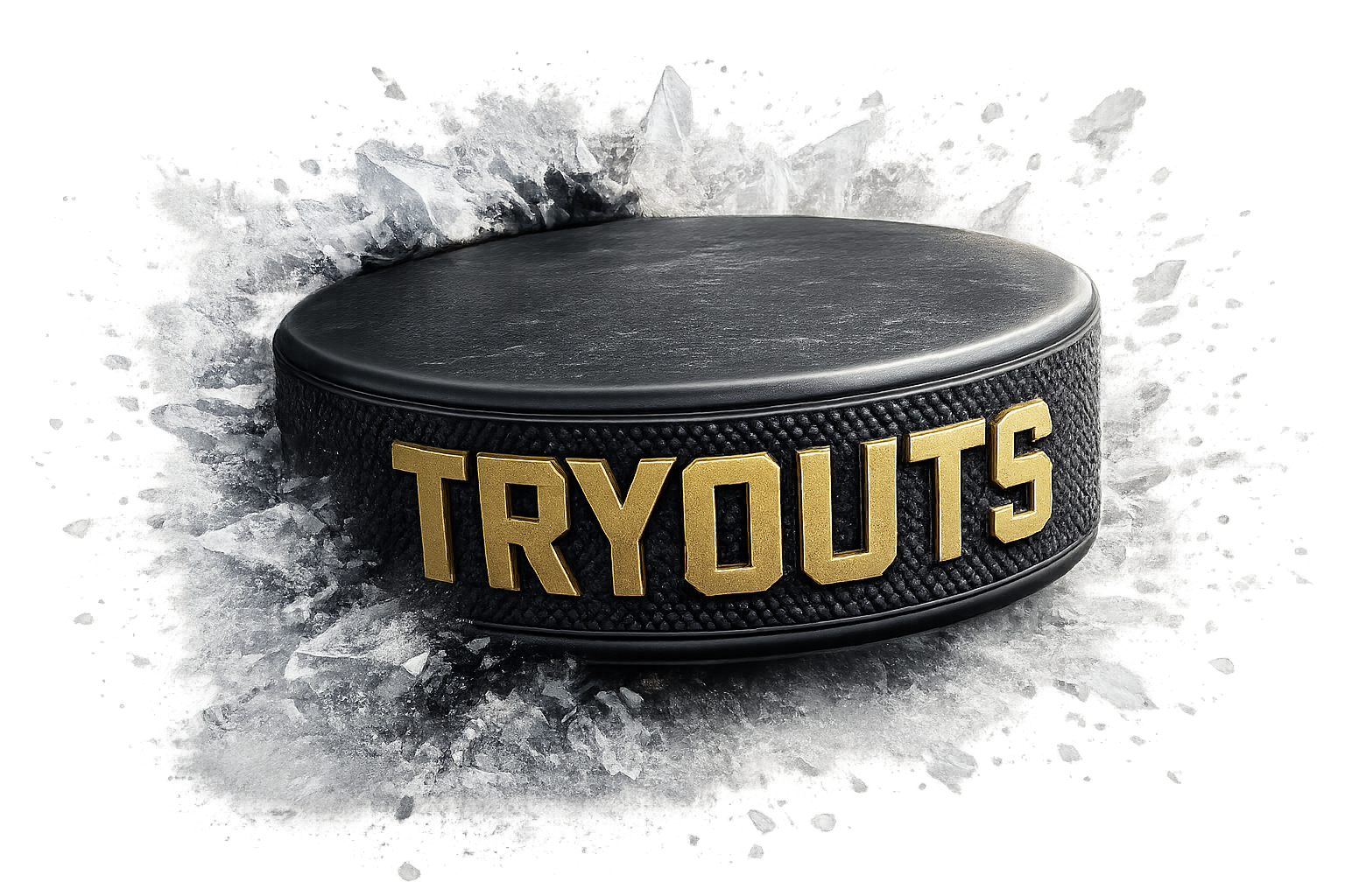 A hockey puck with the word "TRYOUTS" in large gold letters on the side, surrounded by ice shavings.