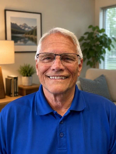 A smiling older man with gray hair and glasses wearing a blue polo shirt, sitting in a cozy living room with a framed mountain landscape picture, a lamp, plants, and a window with sunlight.