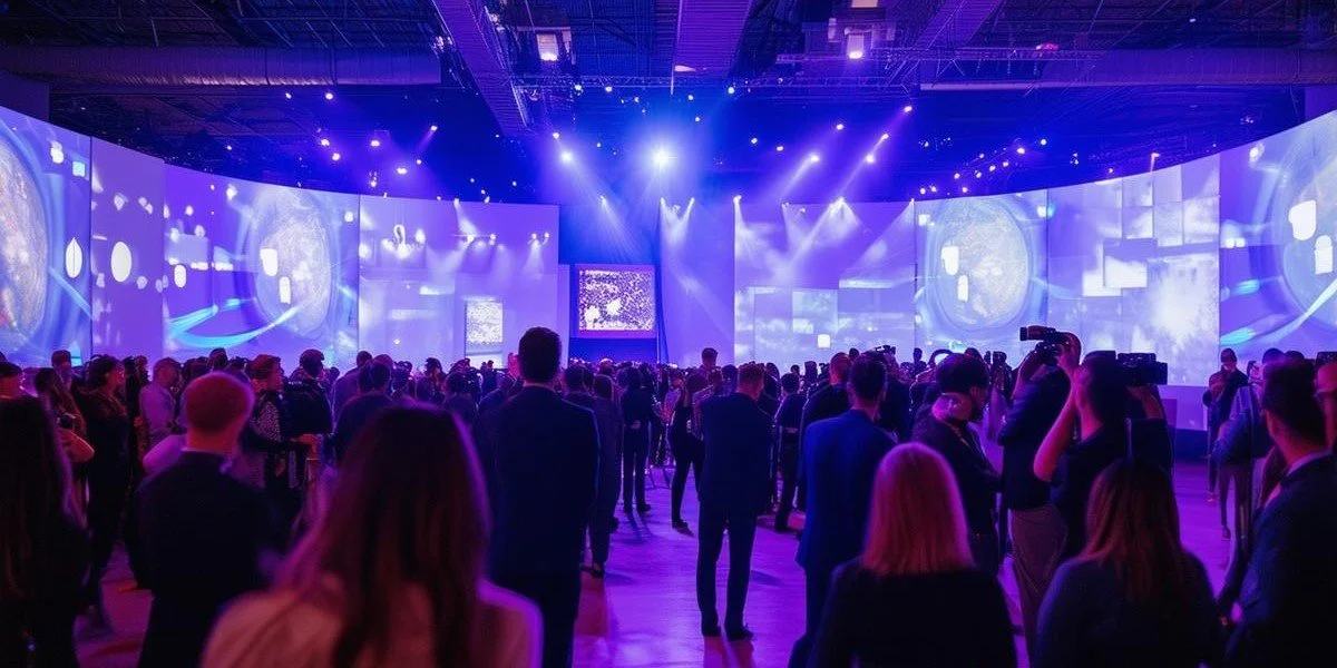 Large crowd attending an event with big digital screens and purple lighting.