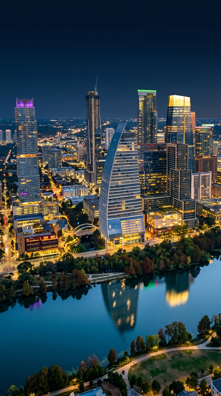 Nighttime aerial view of downtown Austin, Texas skyline with illuminated modern skyscrapers reflected in Lady Bird Lake and a park in the foreground.