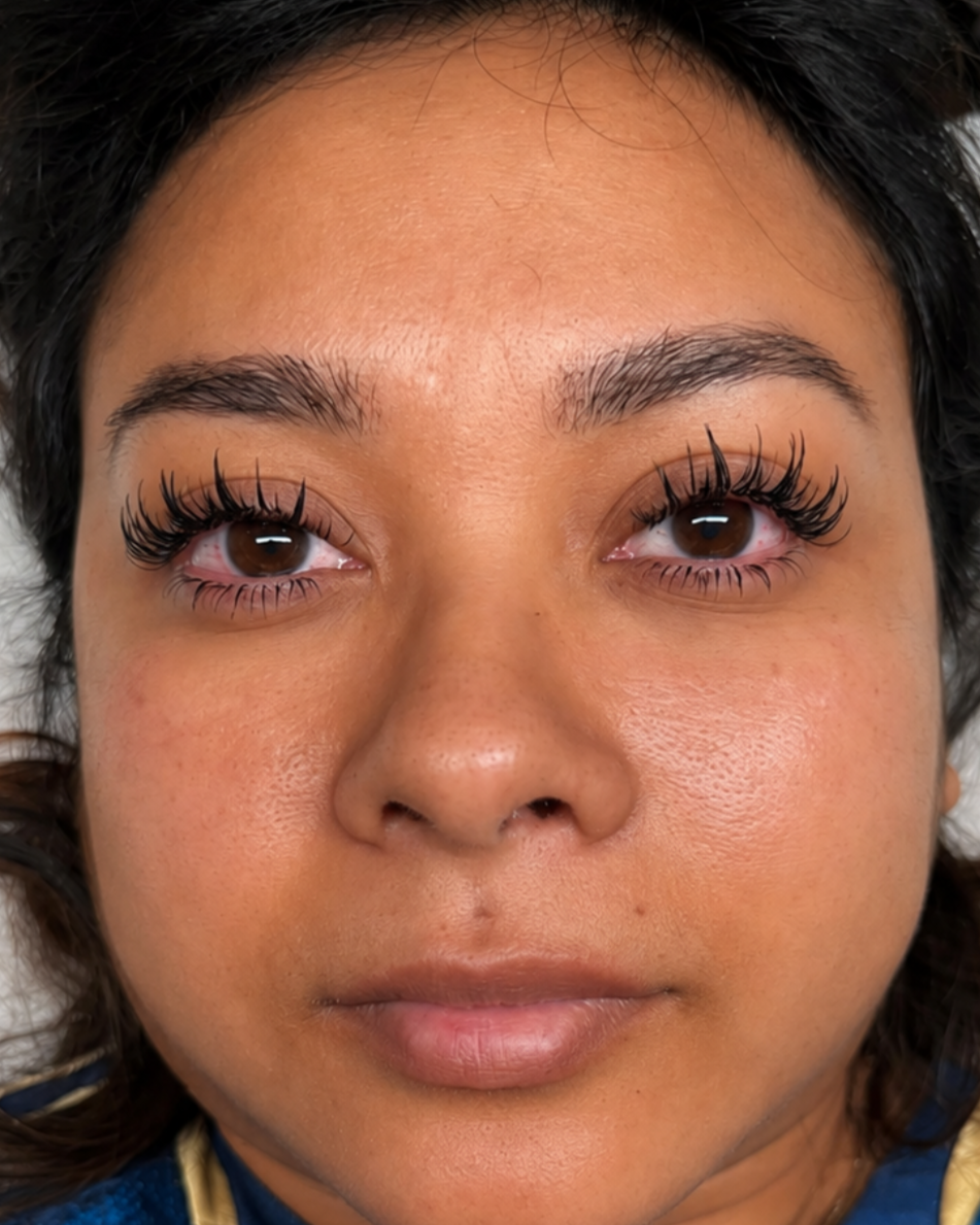 Close-up of a woman with brown eyes, dark eyebrows, long eyelashes, and slightly tanned skin.