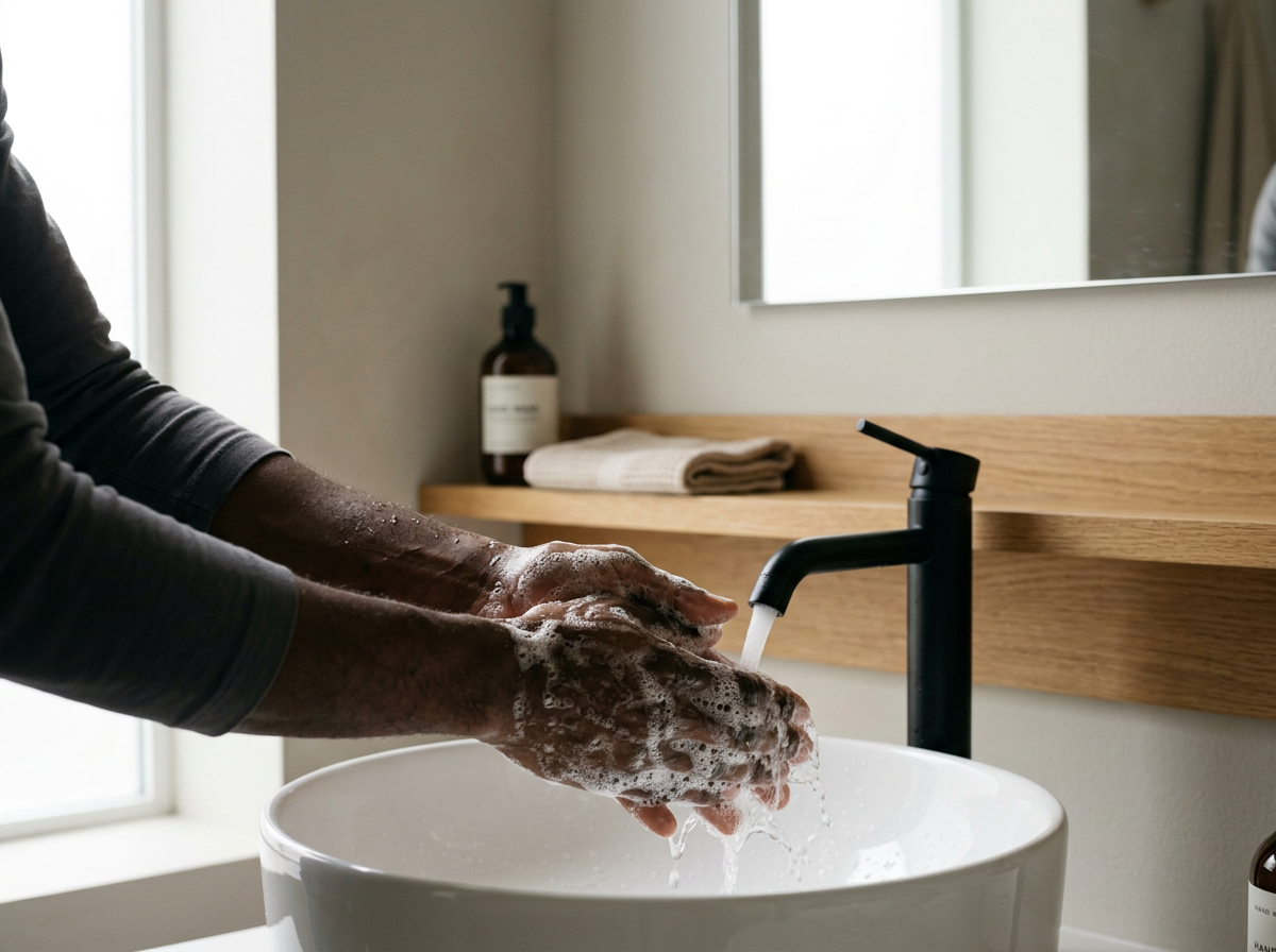 Person handwashing with soap in a bathroom sink.