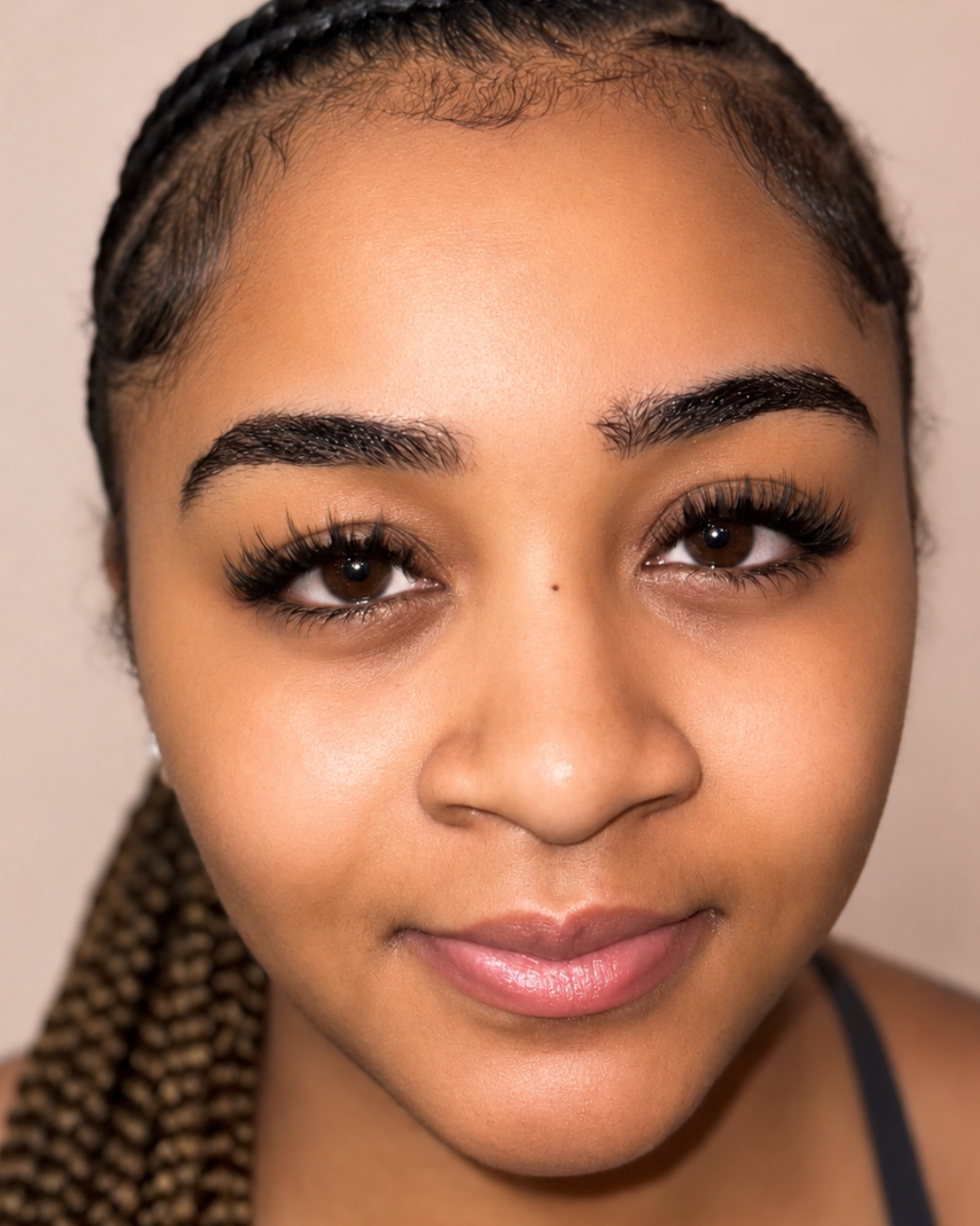 Close-up portrait of a young woman with braided hair, brown eyes, and clear skin, looking directly at the camera.