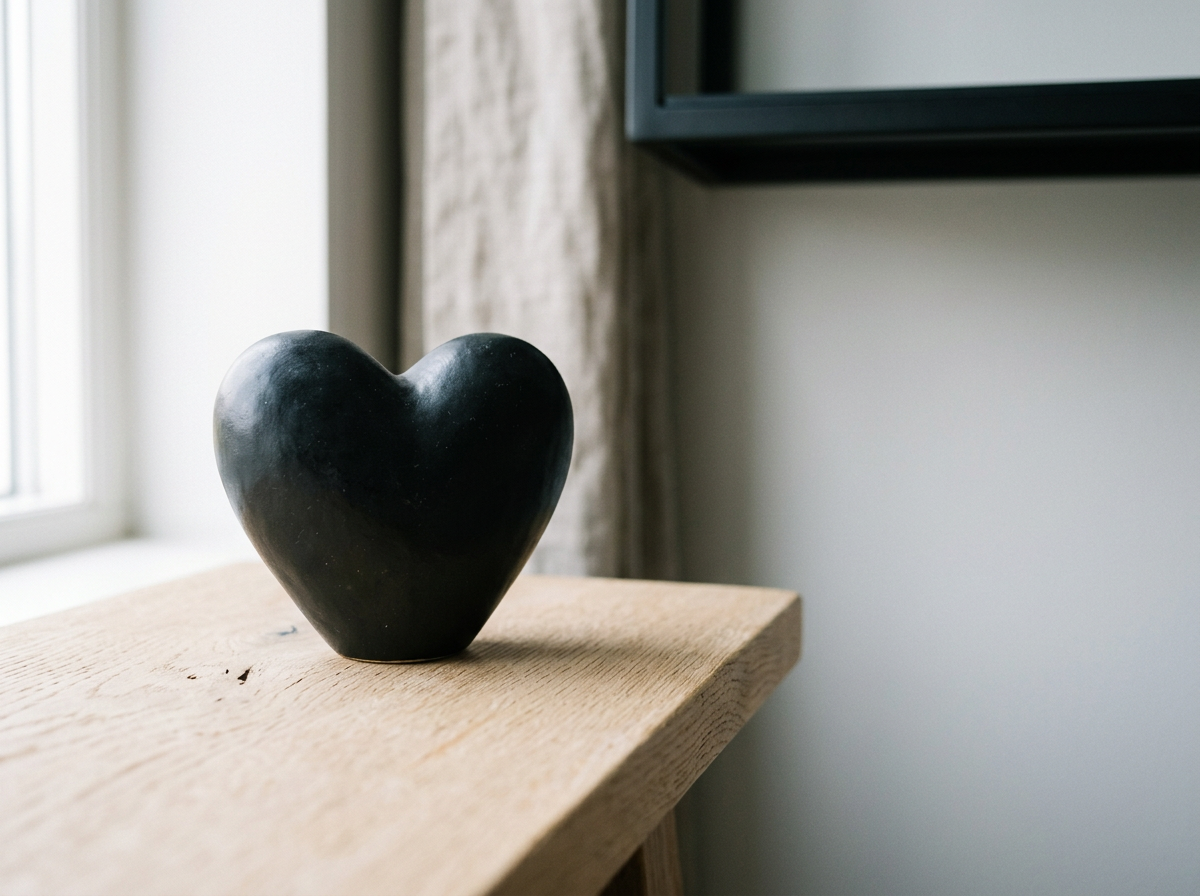 A black heart-shaped object on a wooden surface near a window with a curtain.