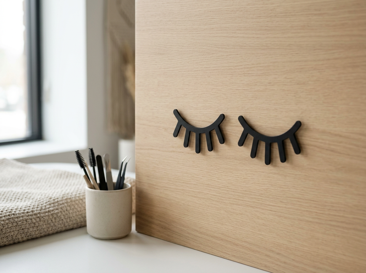 Black eyelash-shaped decor on a wooden board with a cup of brushes and a knitted cloth nearby