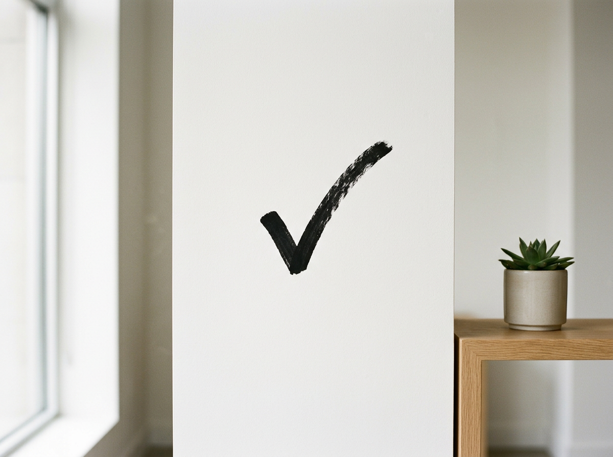 A black check mark drawn on a white wall or paper next to a wooden shelf with a small potted succulent plant in a beige ceramic pot, with natural light coming through a window.
