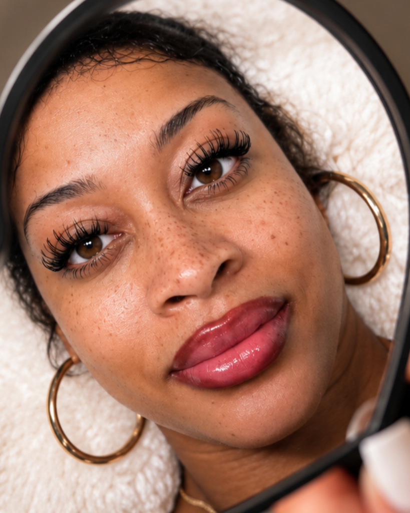 A woman with brown eyes and freckles looking at her reflection in a mirror, with makeup including lipstick and long eyelashes, wearing gold hoop earrings.