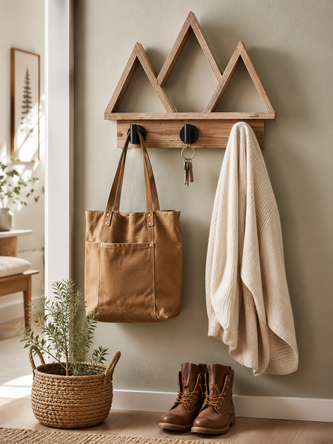 Entryway with wooden mountain-shaped coat rack, holding a brown tote bag and a cream-colored blanket, with brown boots on the floor, a potted plant, and a framed picture on the wall.