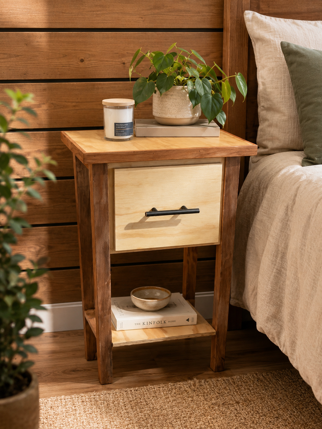 A wooden bedside table with a drawer, a shelf, and a light wood finish. On top, there is a potted green plant, a candle, and a tray. On the shelf, there is a ceramic bowl and a book titled 'The Kinfolk Home'. Next to the table, there is a bed with beige linens and pillows, with a wooden wall in the background.