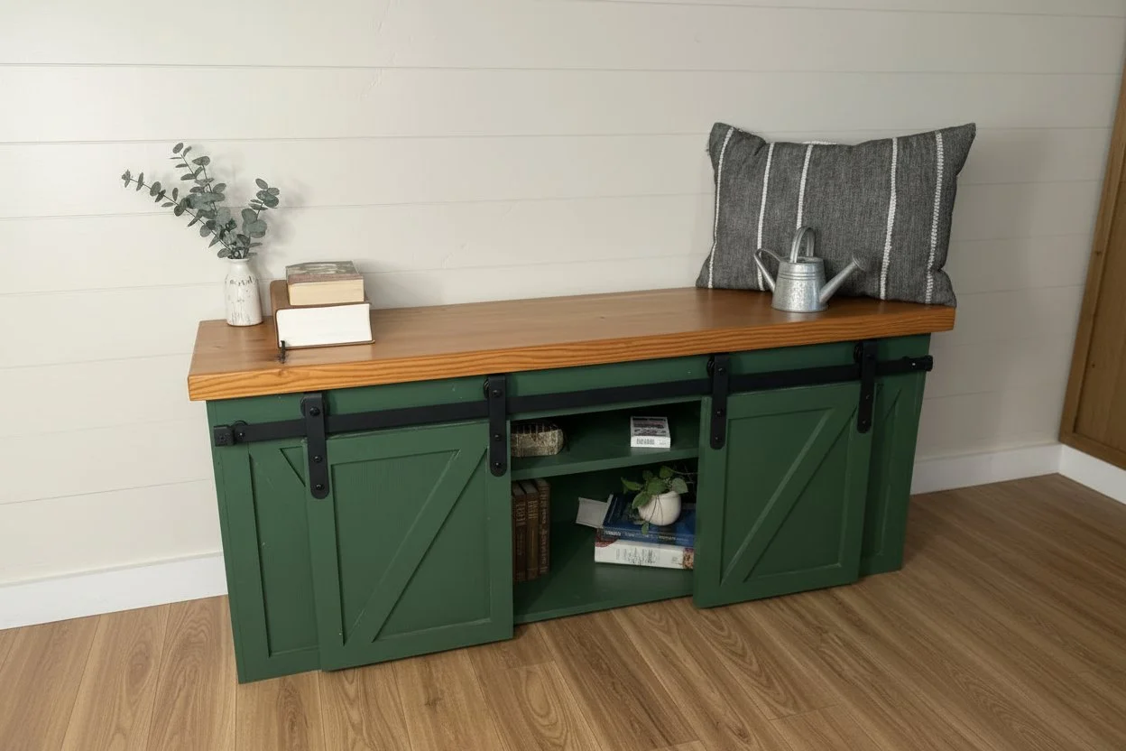 A green wooden barn-style sideboard with a natural wood top, black sliding barn door hardware, open shelving in the middle with books and a small plant, and decorative items on top including a vase with eucalyptus, a small stack of books, a gray striped pillow, and a metal watering can.