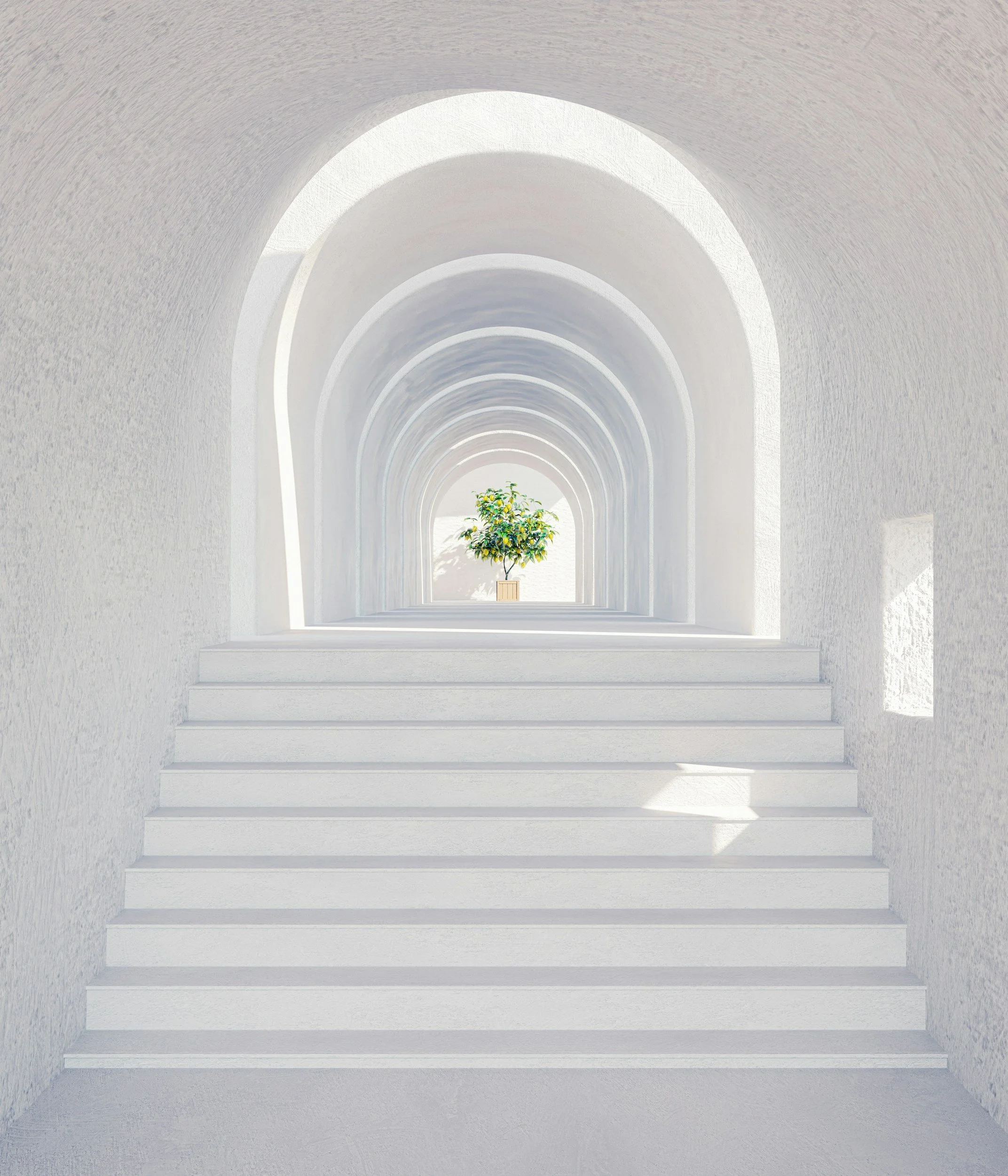 a flight of stairs leading up to a white arched corridor with multiple curved archways framing a fruiting tree in the distance, symbolizing growth and success created by Alpha Consulting helping your leadership skills grow