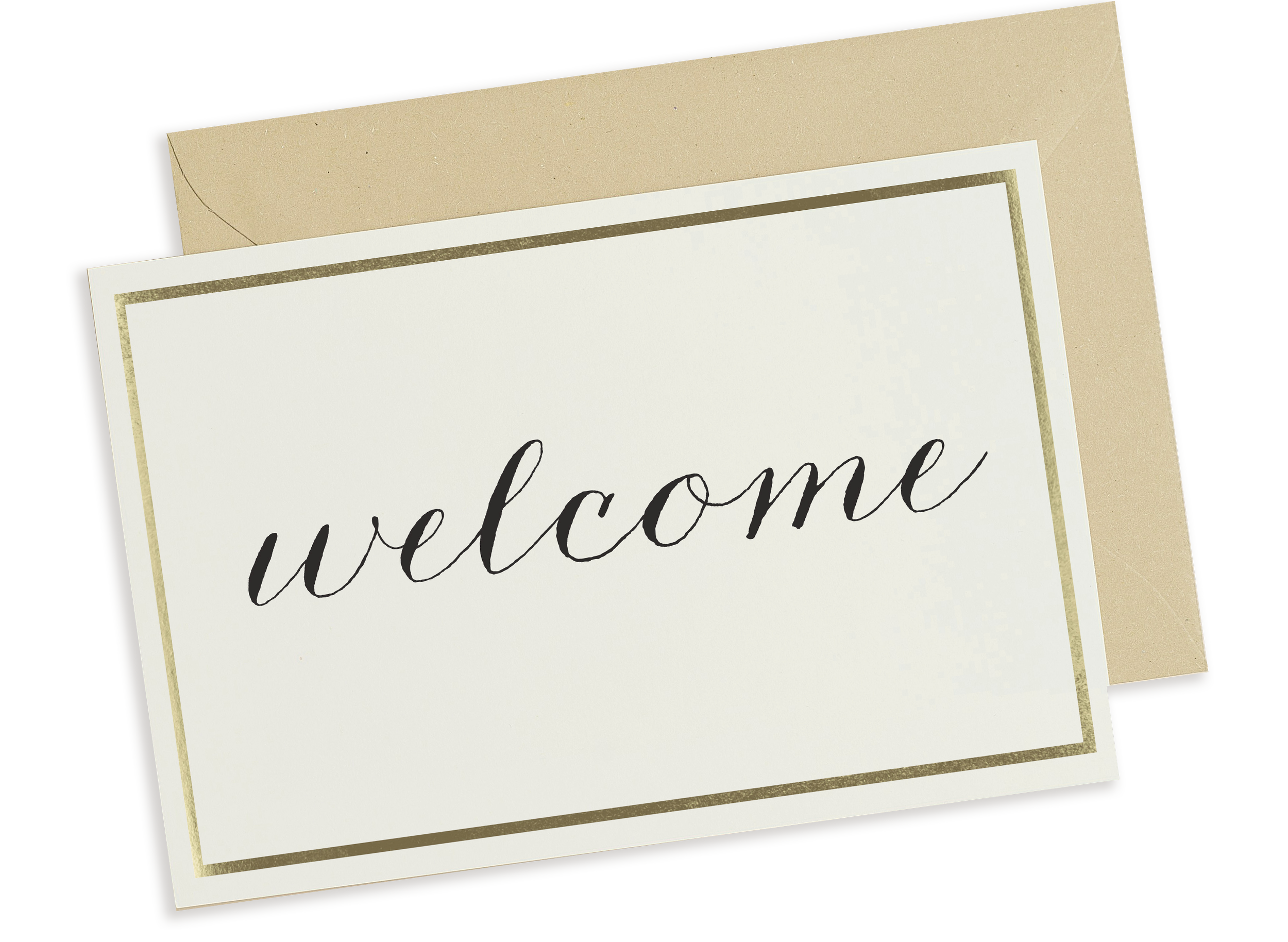stationery card with gold border and calligraphy saying Welcome