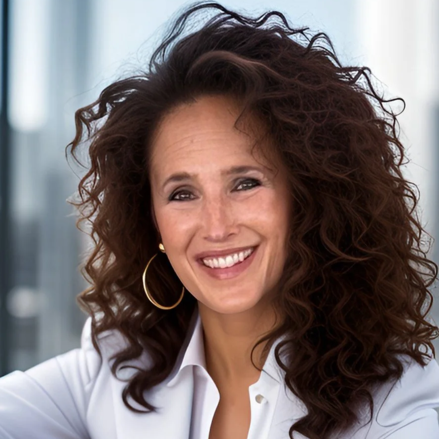 Aimee Cohen, consultant, a woman with curly brown hair smiling and wearing a white blouse and large hoop earrings, in front of a blurred background.