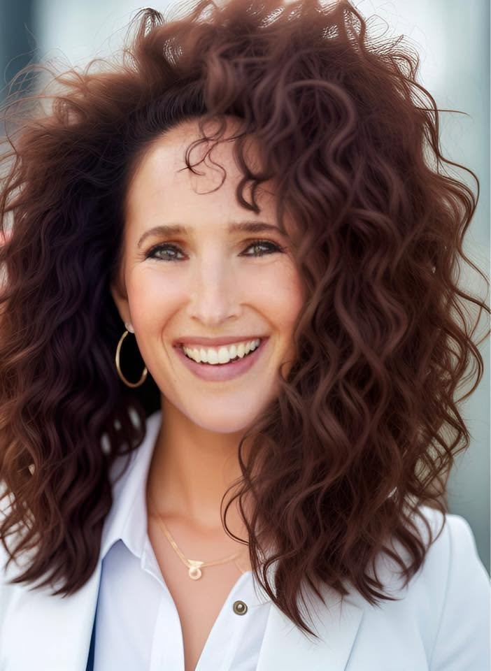 Aimee Cohen, speaker, consultant, coach, a woman with curly rbrown hair, smiling and wearing hoop earrings and a white shirt.