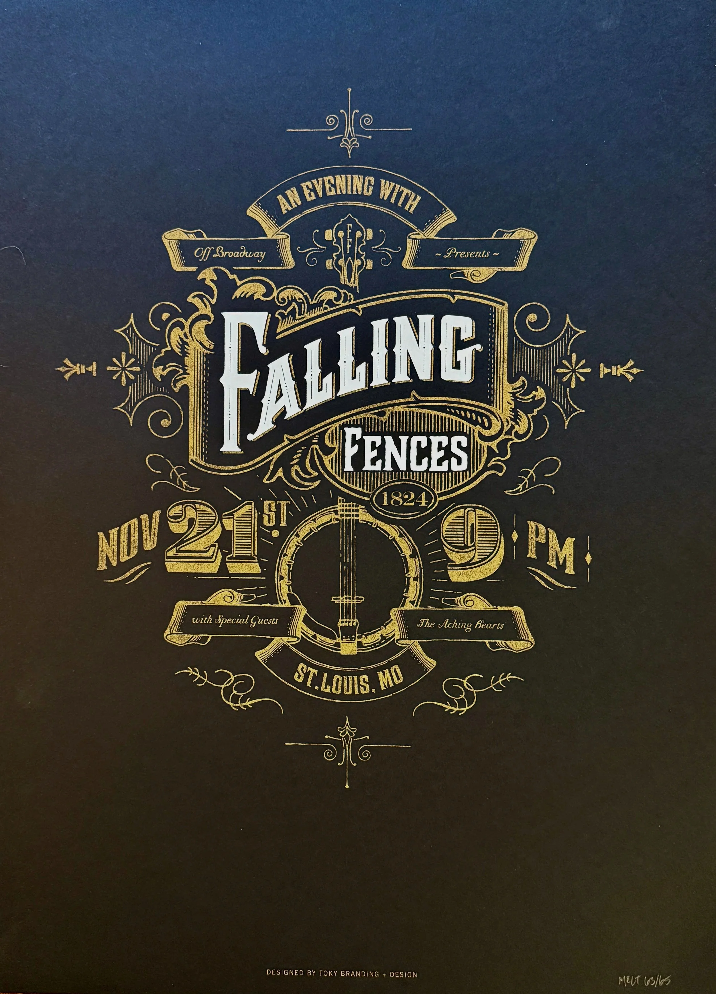 A dark poster with gold ornate design and text promoting an event called 'An Evening with Falling Fences' at St. Louis, Missouri on November 21st at 9 PM, featuring special guests 'The Aching Hearts.'