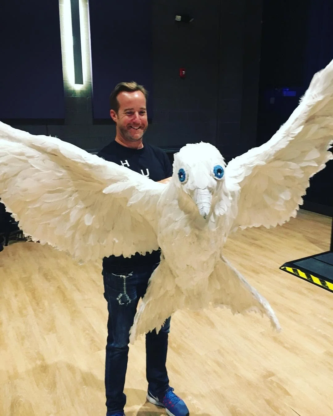 Joe Stickley with the large dove installation created for the Falling Fences II release concert.