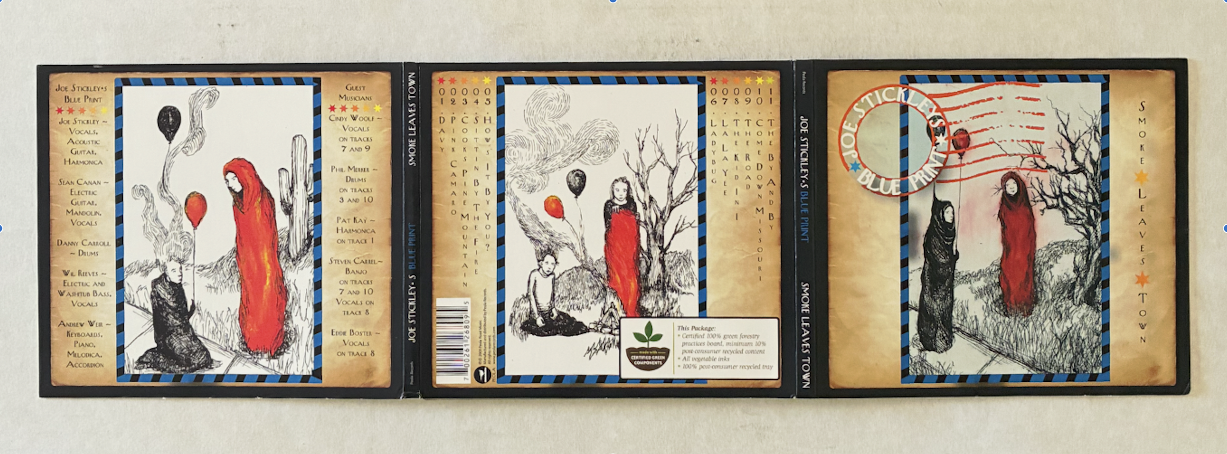 Original three-panel digipak exterior artwork for Smoke Leaves Town by Joe Stickley’s Blue Print.