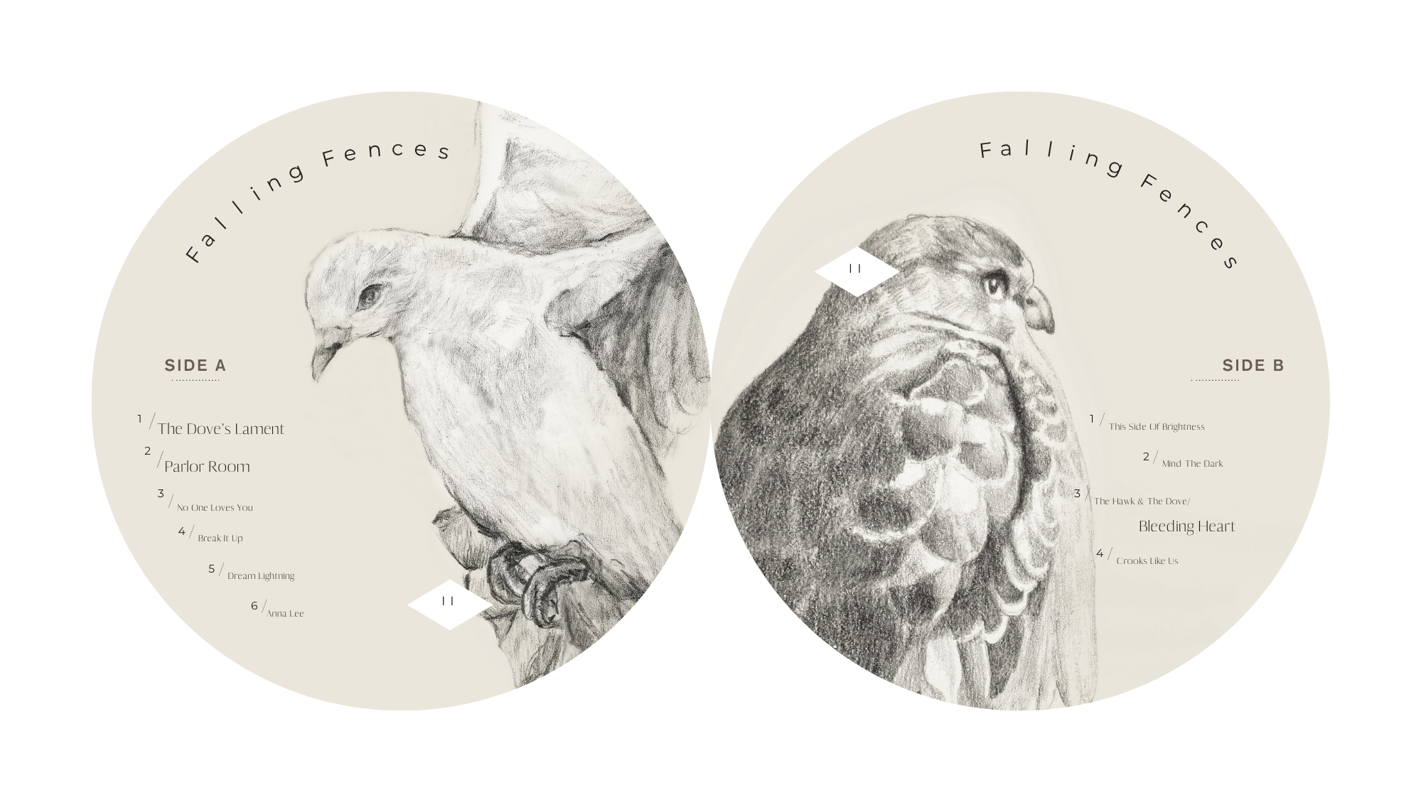 Vinyl artwork for II by Falling Fences, featuring illustrations of a dove and a hawk.