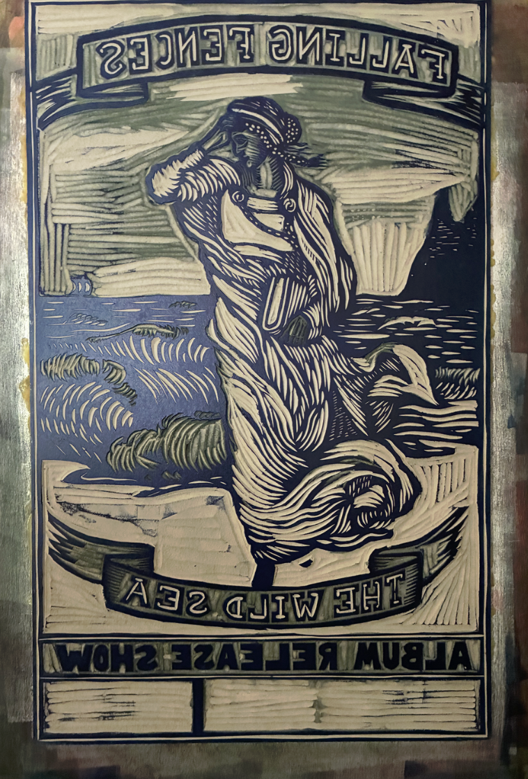 Woodcut printing block for the The Wild Sea album artwork by Falling Fences.