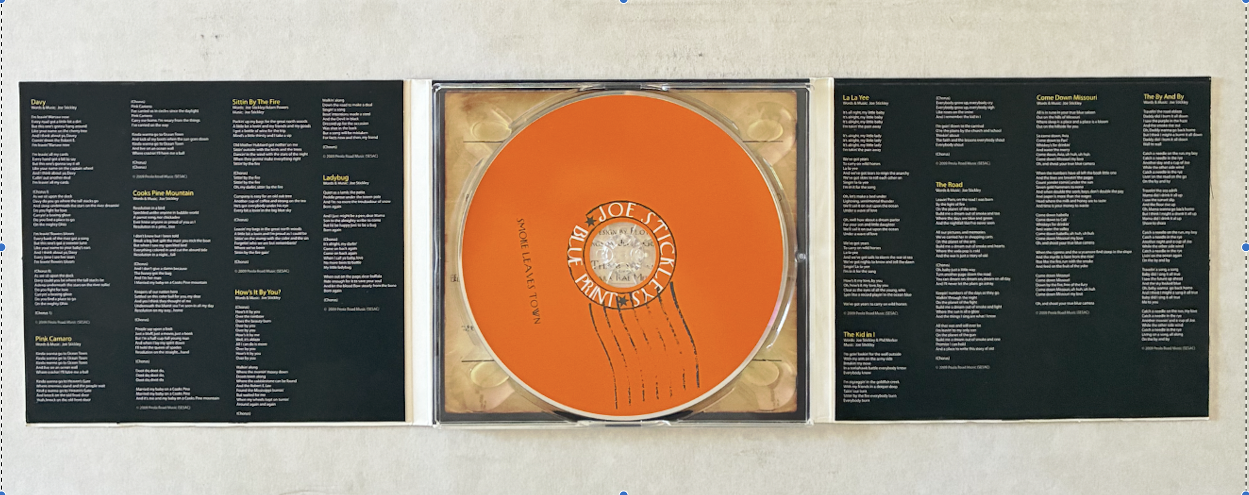Original three-panel digipak interior artwork for Smoke Leaves Town by Joe Stickley’s Blue Print.