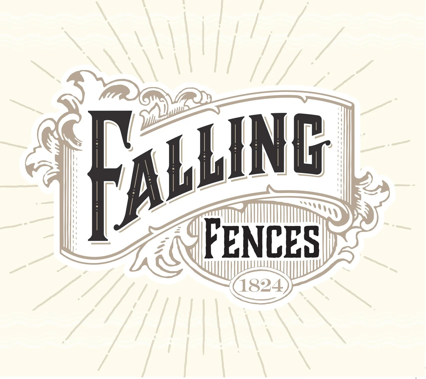 Vintage-style logo for 'Falling Fences,' established in 1824, with decorative scrollwork and rays emanating from the center.