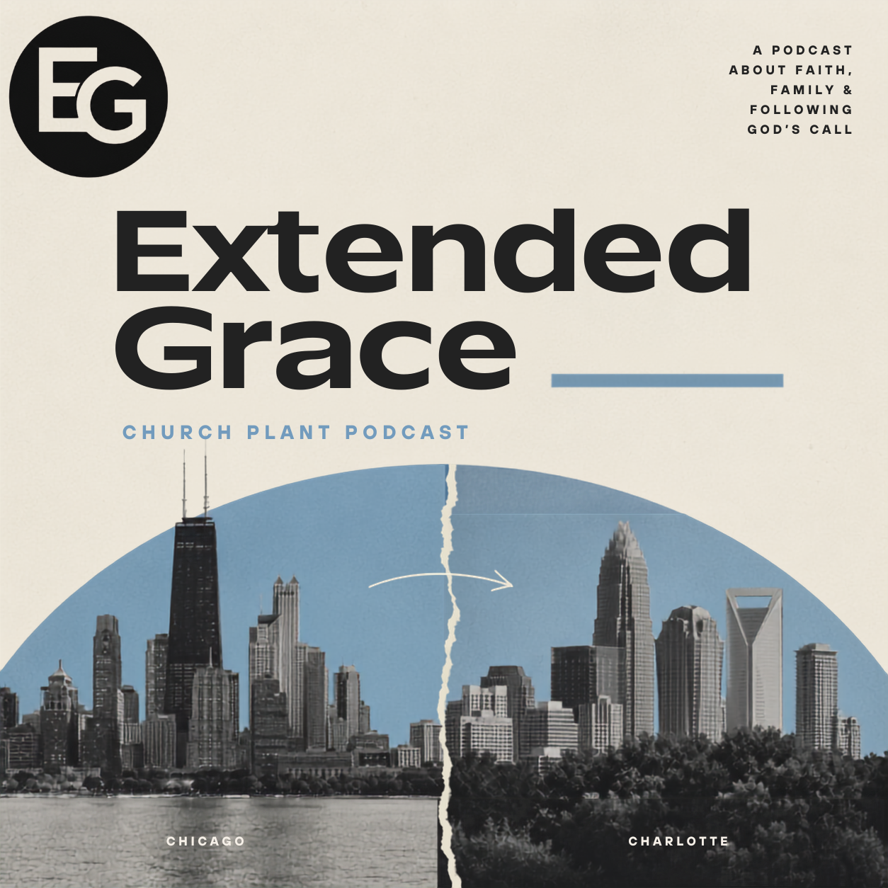 Cover art for the 'Extended Grace' church plant podcast featuring illustrations of the Chicago and Charlotte skylines separated by a crack, with a lightning bolt splitting the city on separate sides.