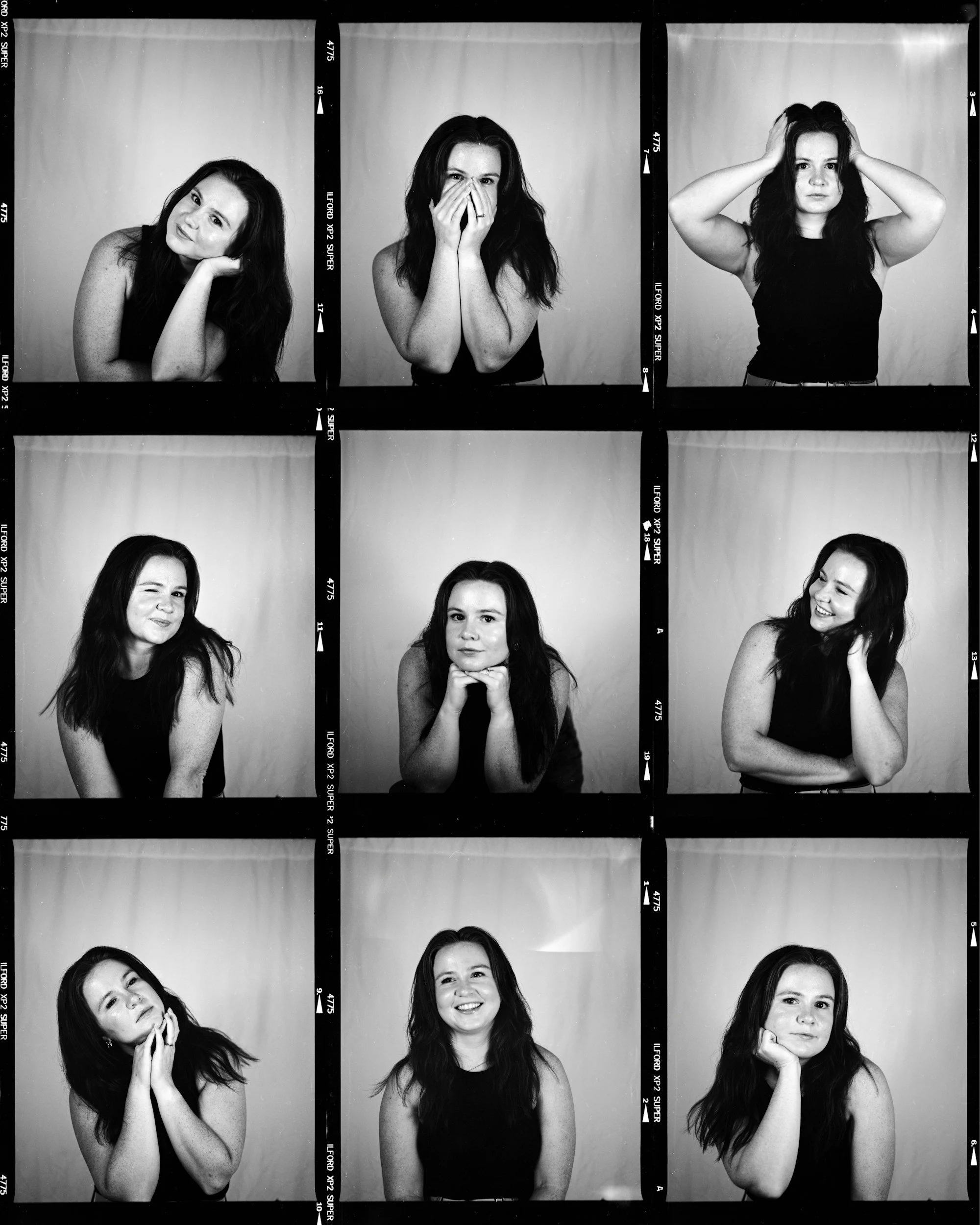 Black and white photo strip with nine images of a woman showing different facial expressions and gestures against a plain background.