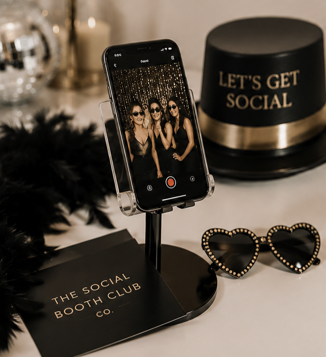 A smartphone on a stand taking a photo of three women dressed in black at a social event. The background has gold streamers, and there are black heart-shaped sunglasses, a black book titled 'The Social Booth Club Co.', and a black hat with gold lettering saying 'Let's Get Social.'