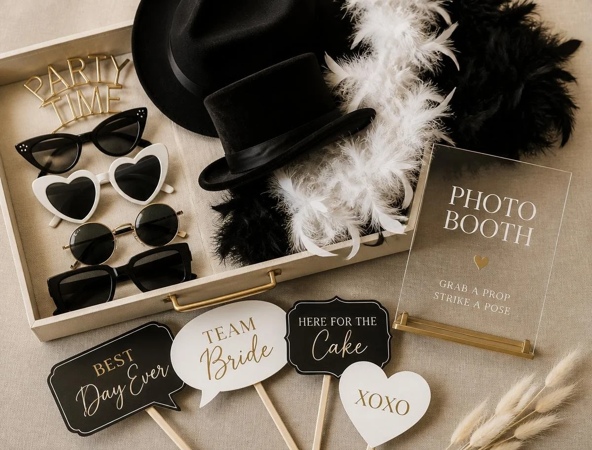 A photo booth setup with various props, including black, pink, and white sunglasses, a black top hat, a black feather boa, and a white feather boa. There are decorative signs with messages like 'Best Day Ever,' 'Team Bride,' 'Here for the Cake,' and 'XOXO.' A gold 'Party Time' sign is also visible. A clear sign frame says 'Photo Booth' with instructions to grab a prop and strike a pose.